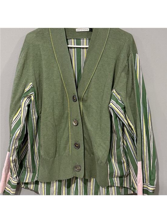 Zaket & Plover Sweaters - Zaket & Plover Stripe Trim Mixed Media Cardigan Green Large Cotton Silk Blend